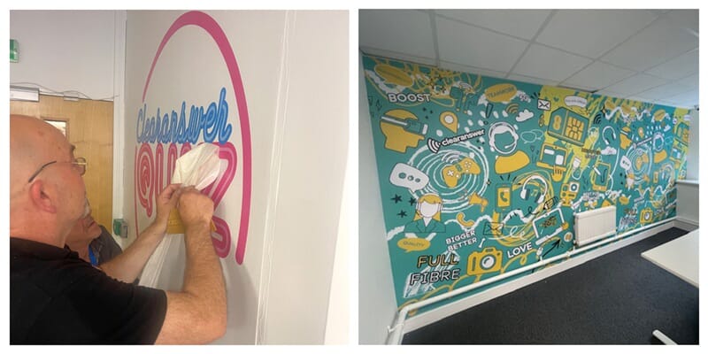 A collage of the Clear Answer Quick wall graphic installation and the full yellow and teal wall graphic in another room.